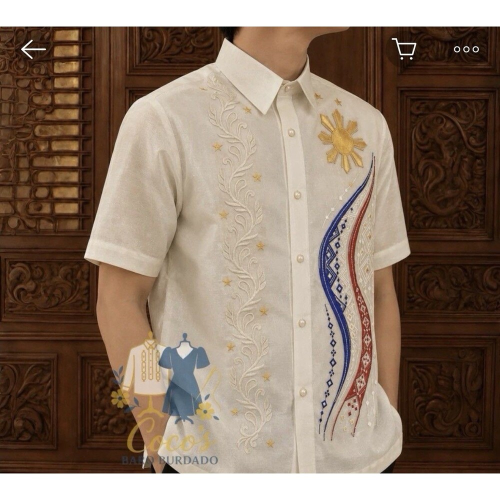Sinag Philippine Flag Embroidered Piña Organza Barong Tagalog Men's XL Beige